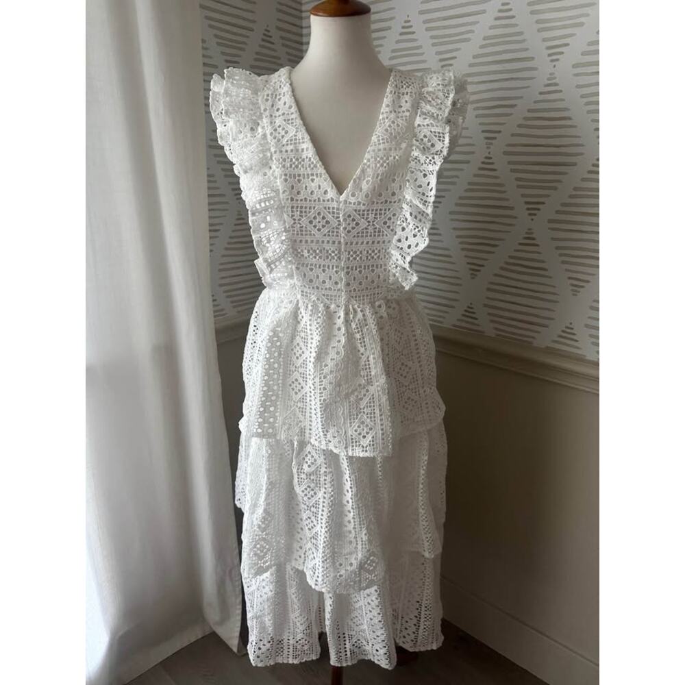 Endless Rose Women’s Small White Lace Tiered Ruffle Midi Dress - Picture 2 of 9